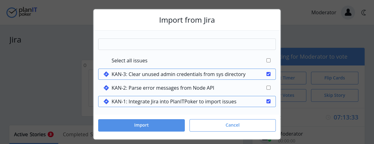 Example for PlanITPoker Jira integration to import issues