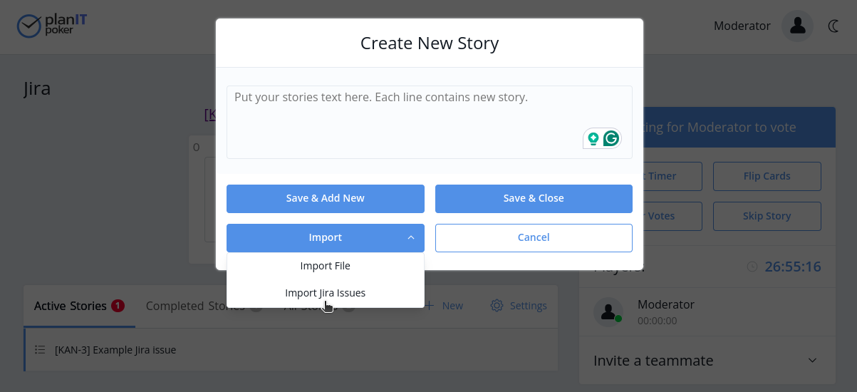 Accessing the Jira import modal when creating stories